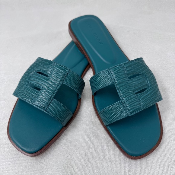 Cole Haan Shoes - Cole Haan Chrisee Teal Green Lizard Print Leather Slide Sandals W30796 6B